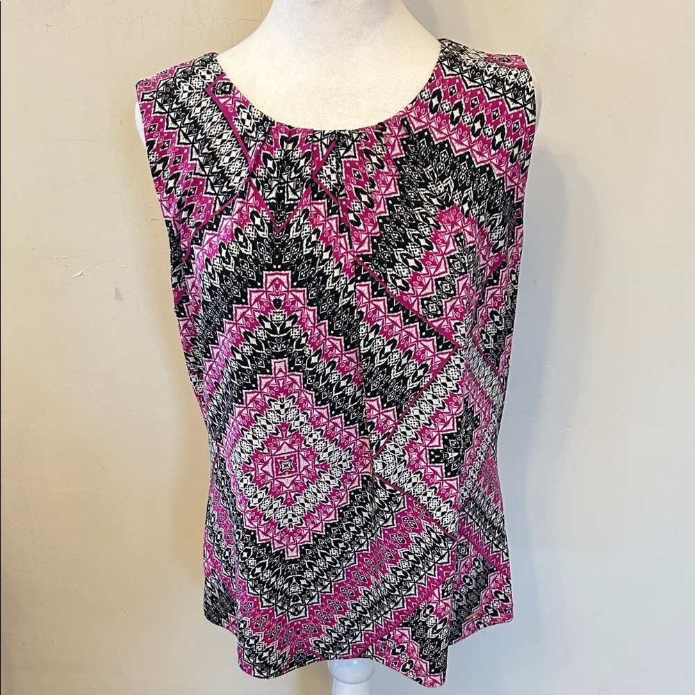 Calvin Klein Pink Black Geometric Print Sleeveless Blouse Size L EUC